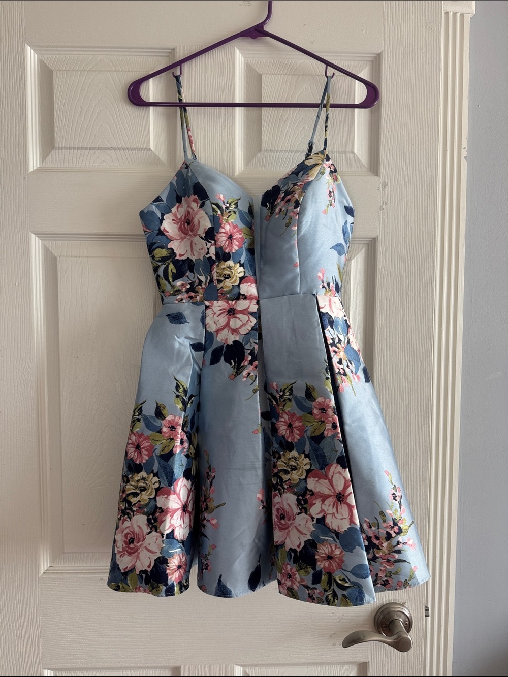 Teeze Me Light Blue Floral Fit-and-Flare Spaghetti-Strap Dress